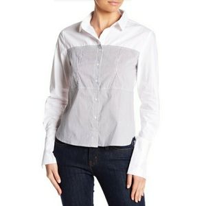 WALTER BAKER White Black Pinstripe Julius Long Sleeve Button Front Top Small NWT